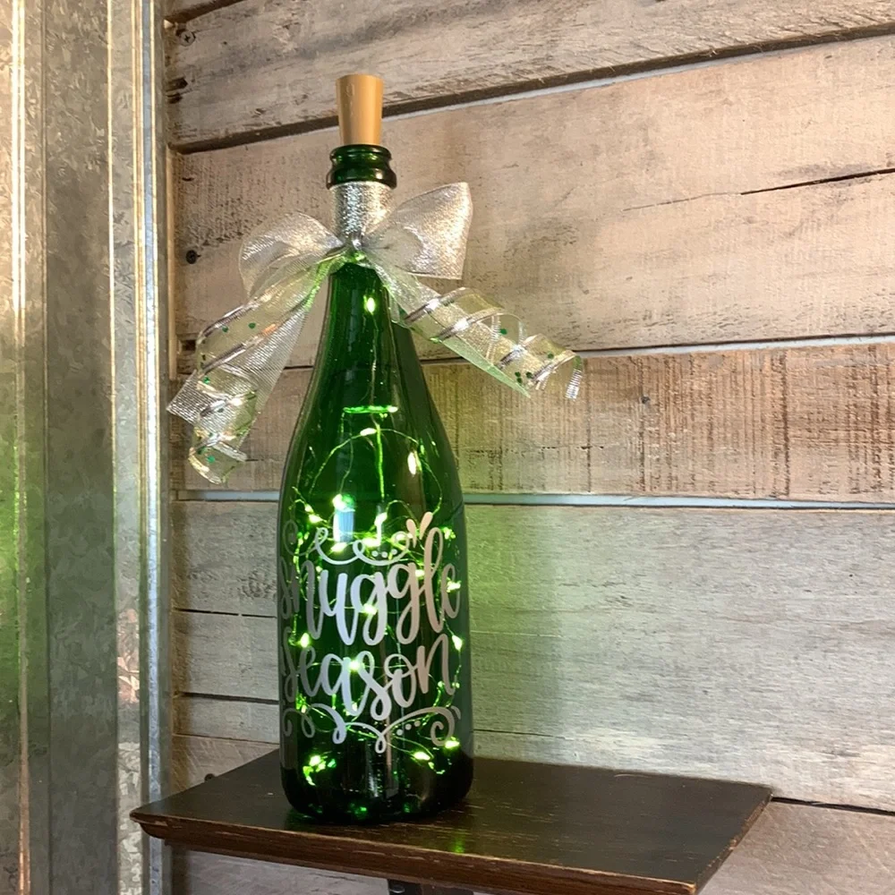Hand Crafted- ‘Snuggle Season’ green wine bottle lantern